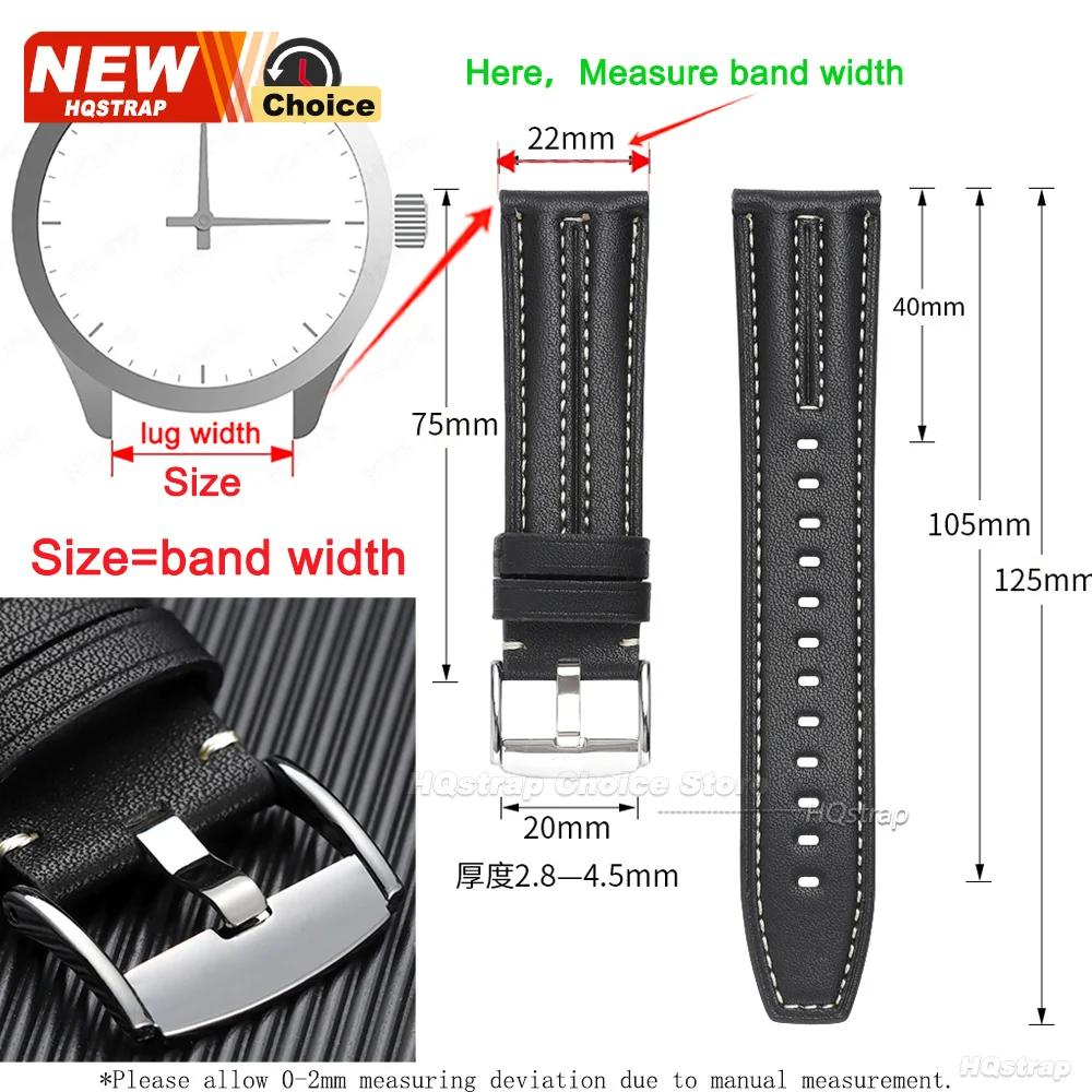 Vintage Handmade Leather Smartwatch Strap - Buckle & Stitching Design, 22mm Bracelet