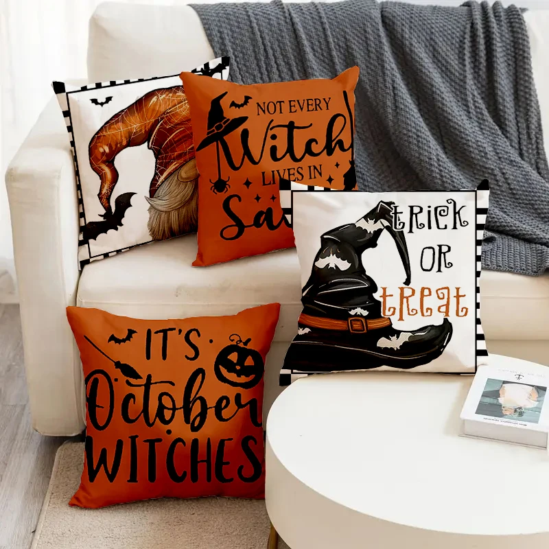 

Halloween October Witch Dwarf Pattern Printed Soft Square Pillowslip Linen Blend Cushion Cover Pillowcase Living Room Home Decor