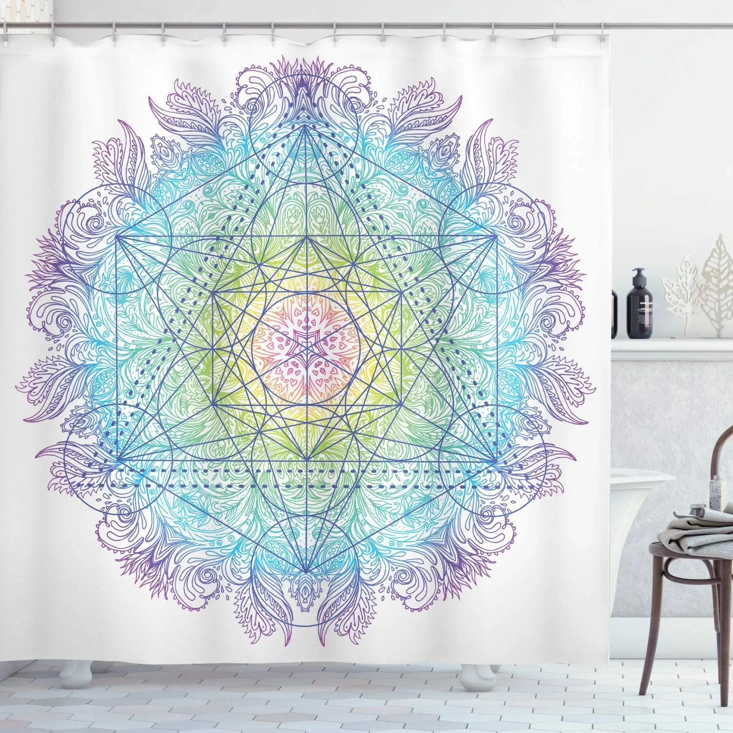 

Ethnic Shower Curtain, Mandala Round with Geometry Element Metatron Cube Alchemy Theme, Cloth Fabric Bathroom Decor Se