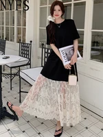 NYFS plus Size Women's Lave Patchwork Dress Summer 2025 Loose Long Dresses Robe Elbise Short Sleeve Korean Style Floral Hem