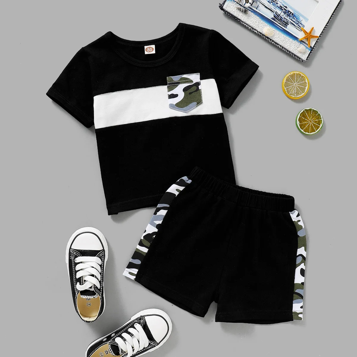 

2023 Summer New Baby Suit,Holiday Style Cute Cool Black T-shirt+Shorts Casual Suit,95% Cotton,Suitable for Boys From 0-24 Months