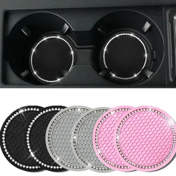 2Pcs Car Bling Rhinestone Cup Holder Drink Pad Interior Decoration Anti-slip Mat Round Durable Coaster Heat Resi Car Accessories 1