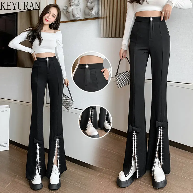 2022 Spring Summer Diamond High-waisted Flare Pants Women Korean Fashion  Bow Split Black Trousers Slim Fit Casual Bootcut Pants