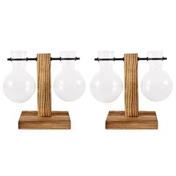 Elegant Glass Bulb Vase with Wooden Stand for Hydroponic Plants - Stylish Decor for Home or Office (Style B 2pcs)