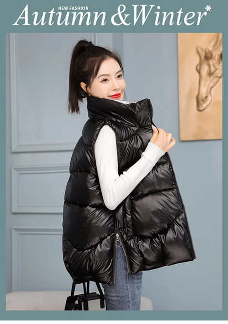 2021 Autumn Winter Down Cotton Women's Slim Vest Korean Bright Fabric Girl's Outdoor Warm Coat Student Leisure Gray long puffer jacket