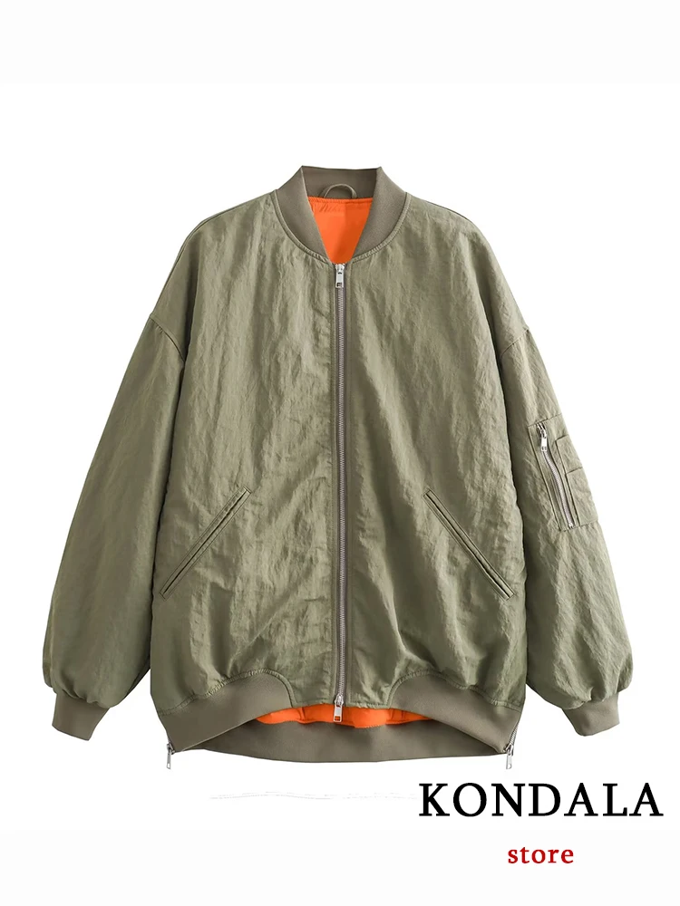 

KONDALA Chic Army Green Streetwear Oversized Long Sleeve Women Zipper Outwear Fashion 2023 Casual Nylon Autumn Sporty Jacket