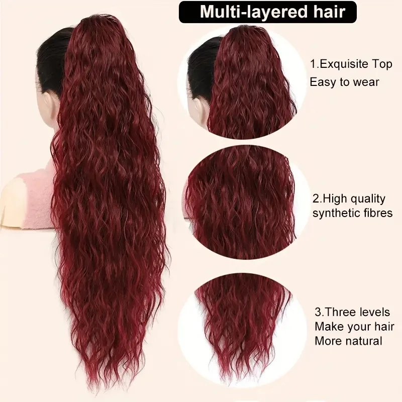 Long Curly Wave Claw Clip On Ponytail Hair Extensions 26 Inch Burgundy Synthetic Fake Pony Tail Hair Piece For Women Daily Party 2