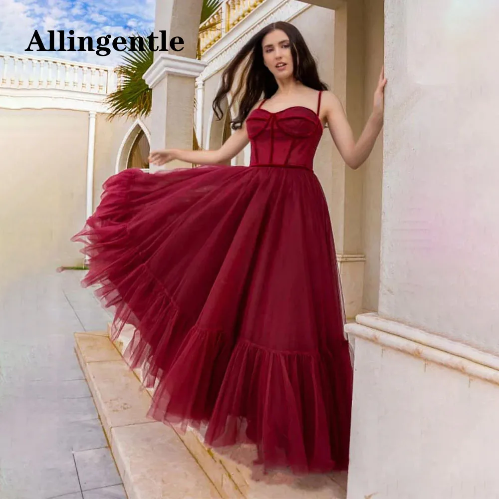 

Allingentle Elegant Prom Dresses for Party 2024 Burgundy A Line Spaghetti Straps Tulle Evening Gowns Lady Formal Occasion Dress