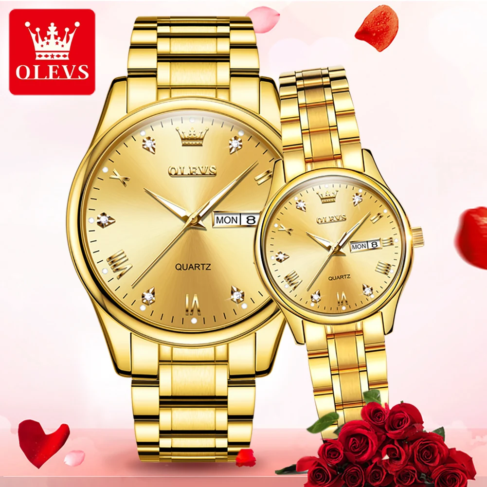 

Fashion Olevs Brand Full Stainless Steel Watch For Couple Waterproof Quartz Golden Diamond Encrusted Couplewristwatch Luminous