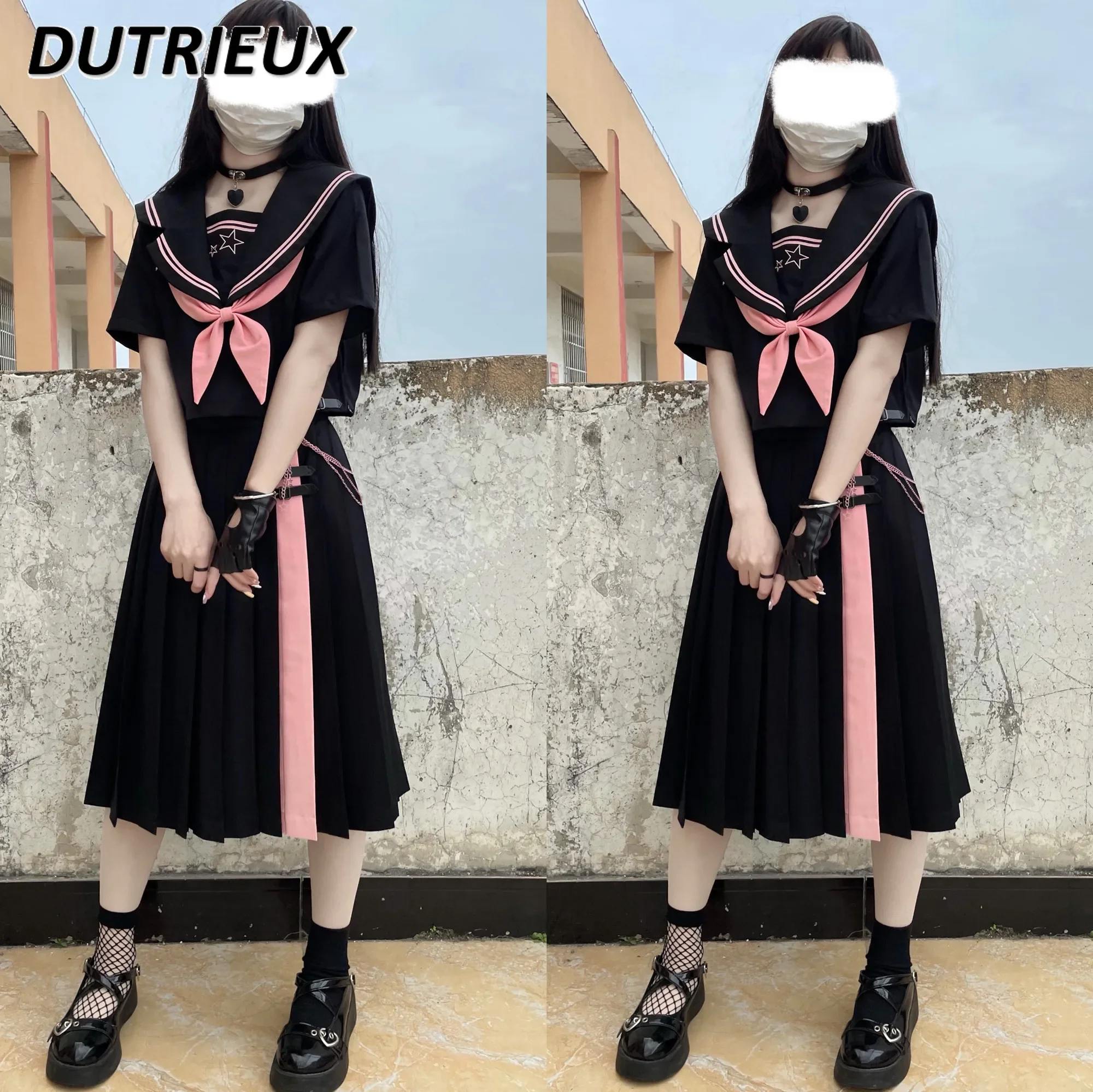 JK Uniform Suit Japanese Style Sail Collar Long Sleeve Top and Pleated Skirt Spring and Autumn New 2 Piece Sets Womens Outfits