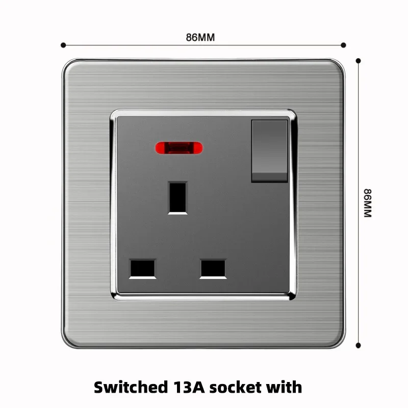 회색 스테인레스 스틸 금속 영국 13A 벽 220V 전등 스위치(전기 소켓 포함), 스마트 Type-c 고속 충전 벽 USB C 소켓