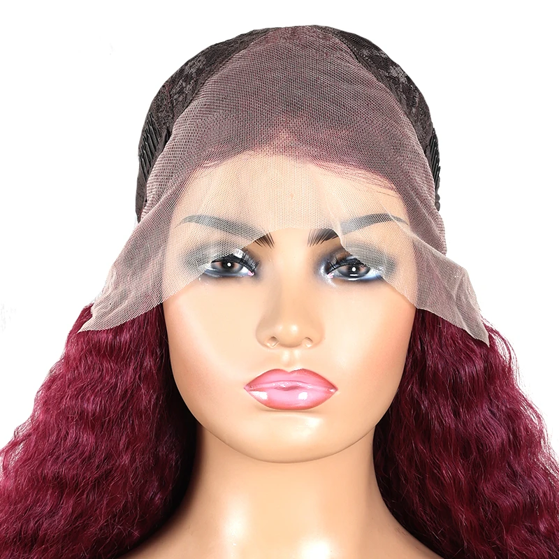 13X4 Lace Wig Kinky Straight Frontal Synthetic Wig 99J Burgundy for Women Kinky Straight Preplucked With Baby Hair Cosplay Daily