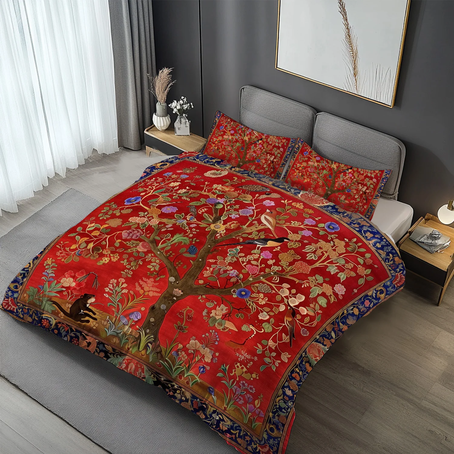 2/3Pcs Red Festive Big Tree Duvet Cover Set, Luxury Soft Wrinkle Resistant Bedding with Pillowcases, Machine Washable