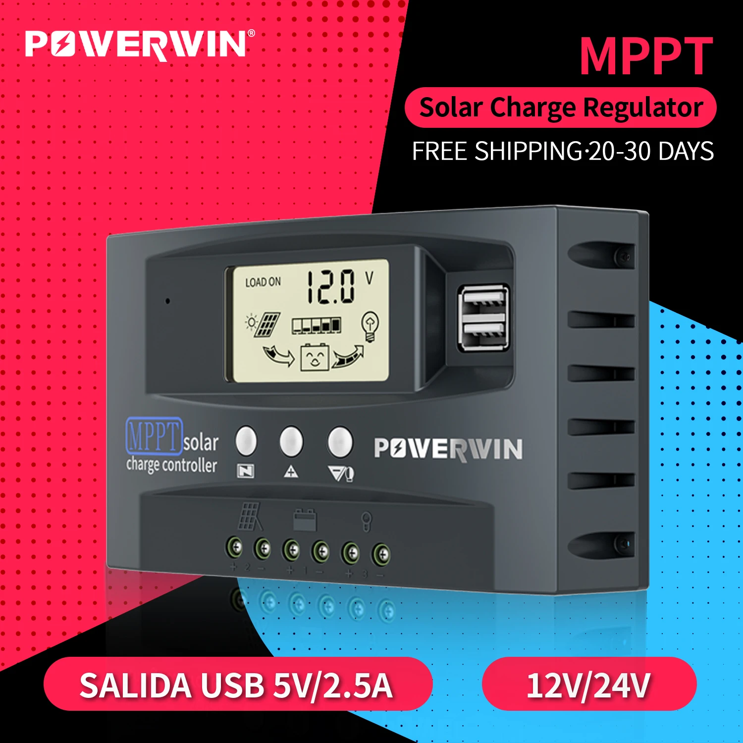 

POWERWIN 30A/50A солнечный контроллер автоматический Micro MPPT MT01 12/24 В напряжение солнечной энергии двойной USB ЖК-дисплей для аккумулятора LiFePo4