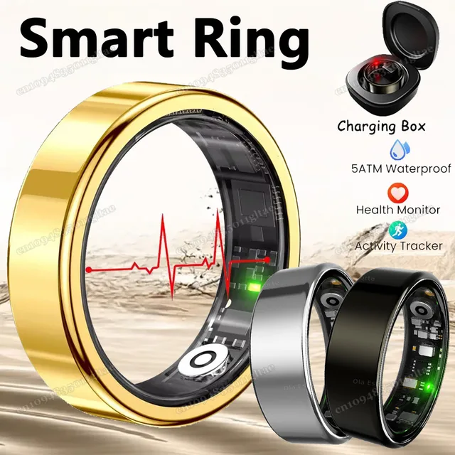New R09 Smart Ring Men Women with Charging Case,Heart Rate Blood Oxygen,Skin Temperature Monitor,5ATM Waterproof For Android IOS