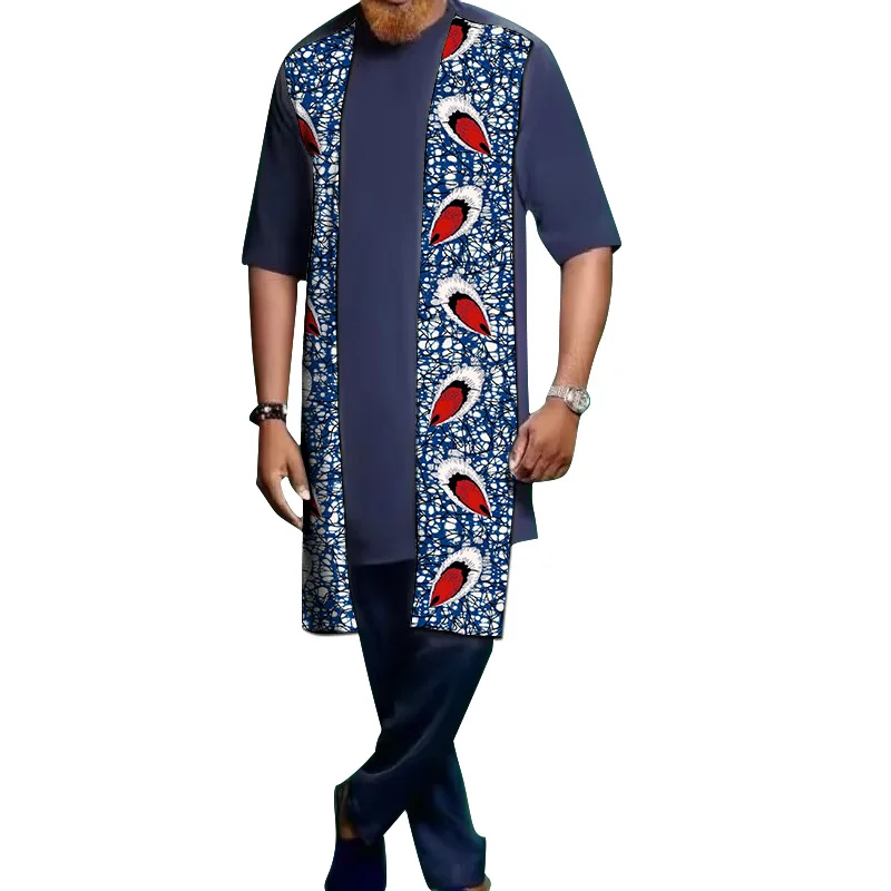 Tailor Design Patchwork Shirts With Solid Pants Navy Blue Men's Groom Suit Male Nigerian Style Outfits