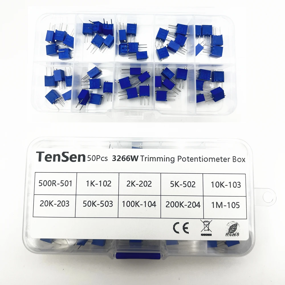 50pcs/lot 3266W Multiturn Trimmer Potentiometer Kit High Precision 500R-1M Variable Resistor With Free Box electronic diy kit