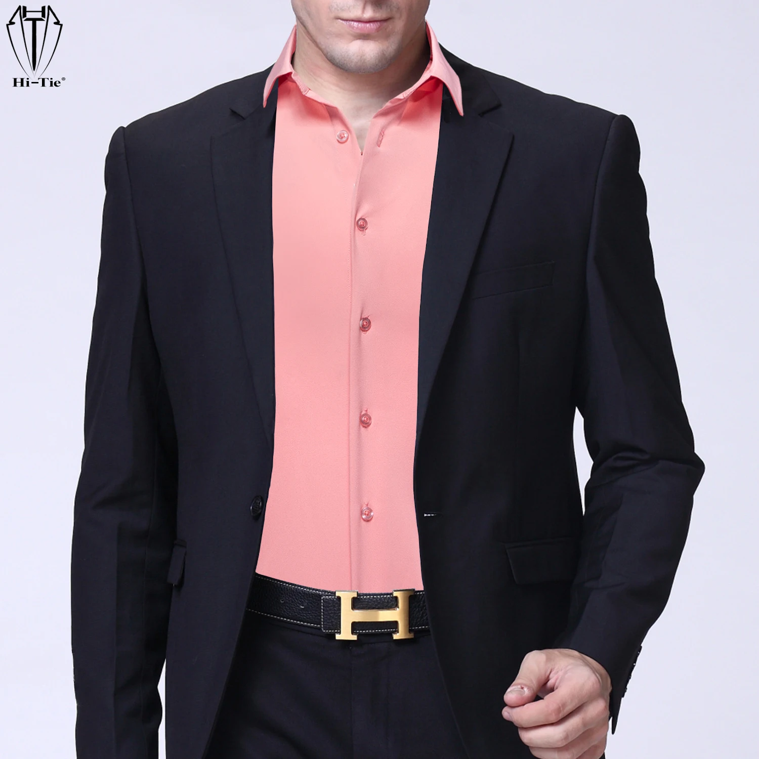 Hi-Tie Pink Silk Mens Shirts Plain Smooth Long Sleeve Formal Leisure Dress Blouse for Male Wedding Business Events Oversized