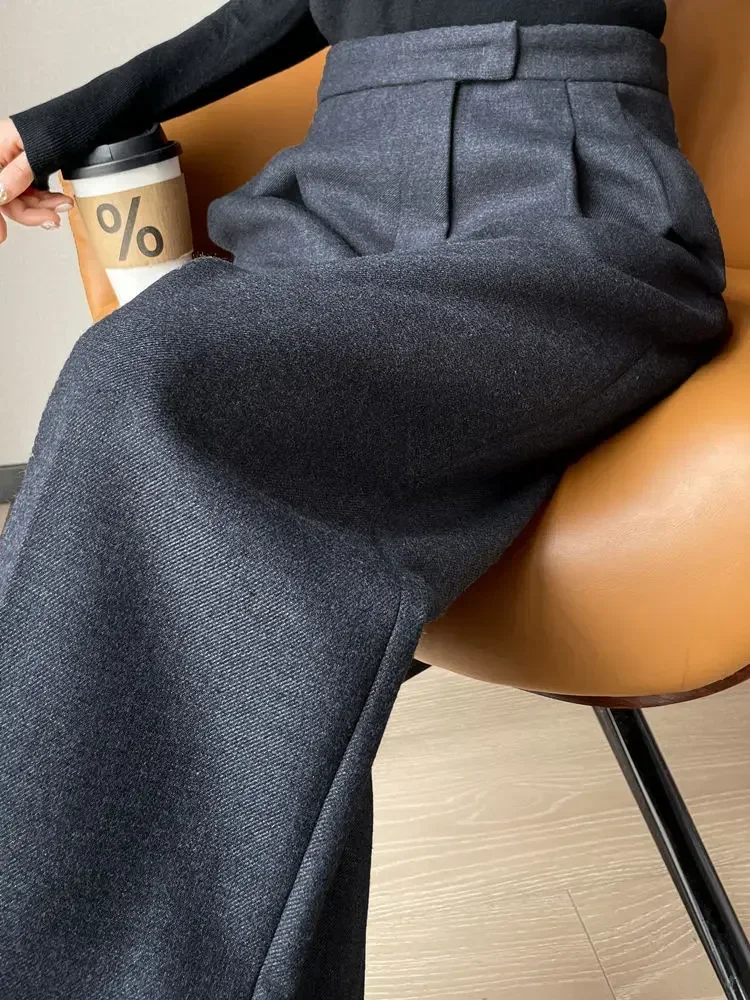 Gray Pants for Women Solid Wool Suit Women Pants High Waist Fashion New Wide Leg Pants Autumn Winter Thickening Women' S Pants