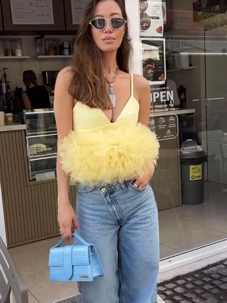 TFMLN  New Summer Fashion Women Tierred Cropped Strap Tops 2025 Sweet V-neck Camisole Solid Sleeveless Causal Sling Vest