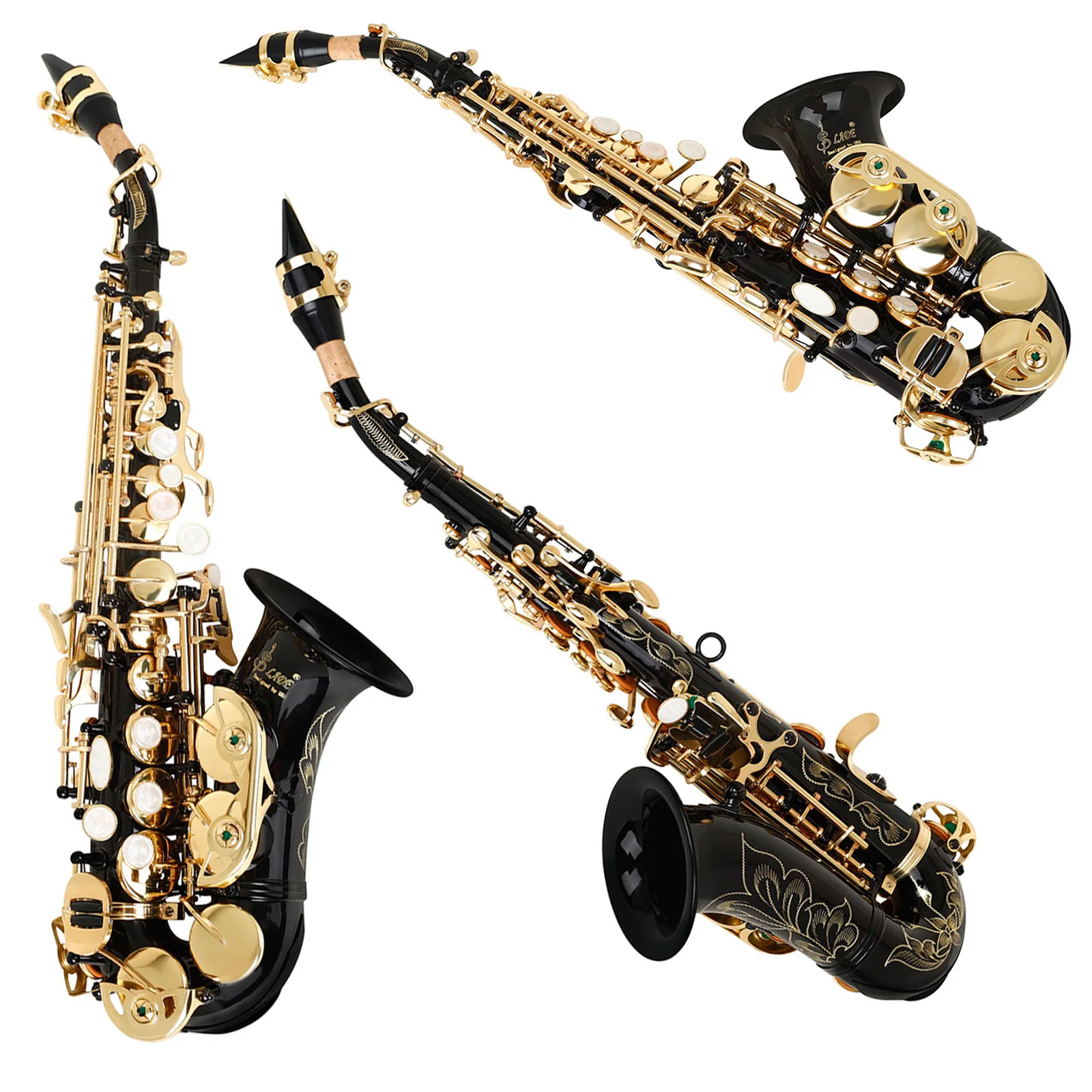 Black Gold Soprano Saxophone B-Flat Beginner's Student Soprano Sax Complete set with Portable Box Blowing Mouth Reed Accessories