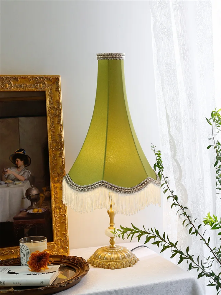 French Design Classical Retro Brass Table Lamp with Tassels Avocado Green  Lampshade Led E27 Living Room Porch Background Salon