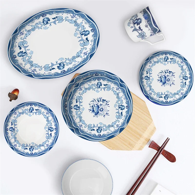 Blue And White Porcelain Style Ceramic Plate,Fish Tray, , Cup And Saucer Set, Mug, Coffee Pot, Milk Jar, Tableware, Rice Bowl