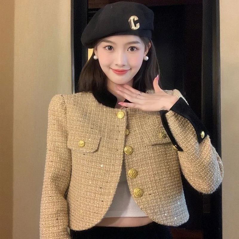 Elegant Women Tweed Cropped Jacket 2023 Korean Fashion Long Sleeve Vintage Coat All-Match Button Patchwork Casual Outwear Top