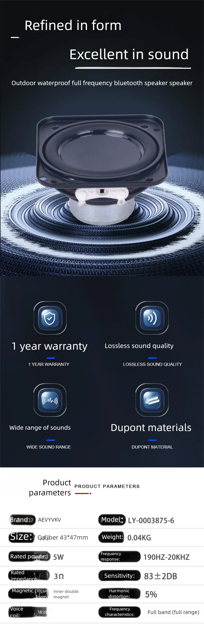 Bluetooth Interner Magnetlautsprecher IPX7 Wasserdicht 43*47mm 3 Ohm 5 Watt Rechteckig Wasserdicht – Detail 1