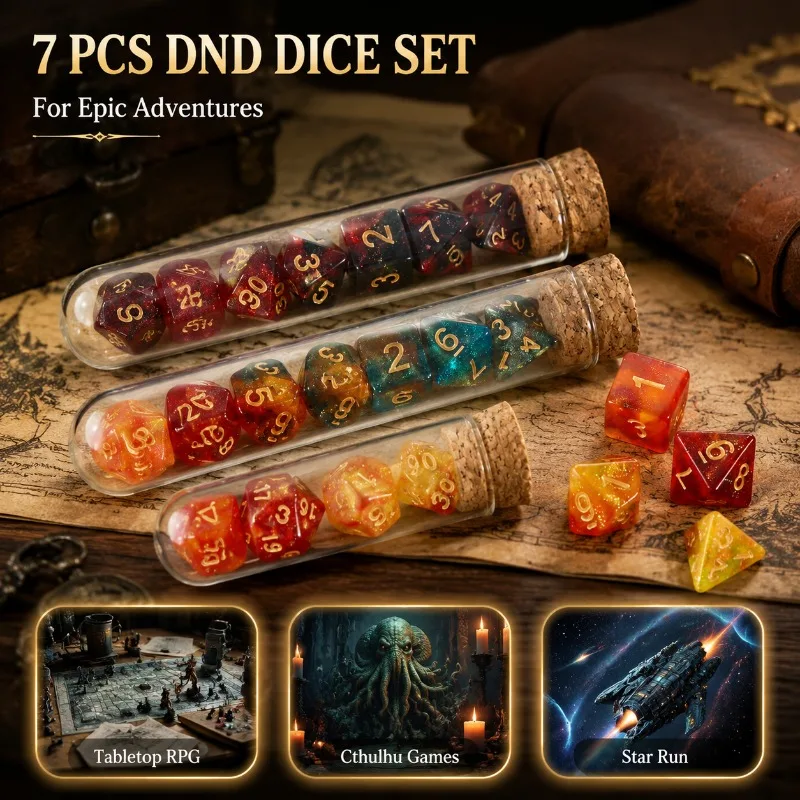 스타 글리터 DND 7개 다면체 주사위 세트, 둥근 바닥 유리병에 담겨, 크툴루..