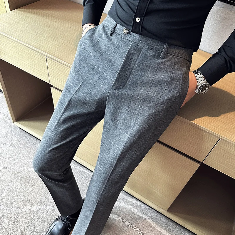 

High Quality Checkered Suit Pants for Men's Korean Slim Fitting Casual Men's Pants Business Wedding Groom Trousers Men Clothing
