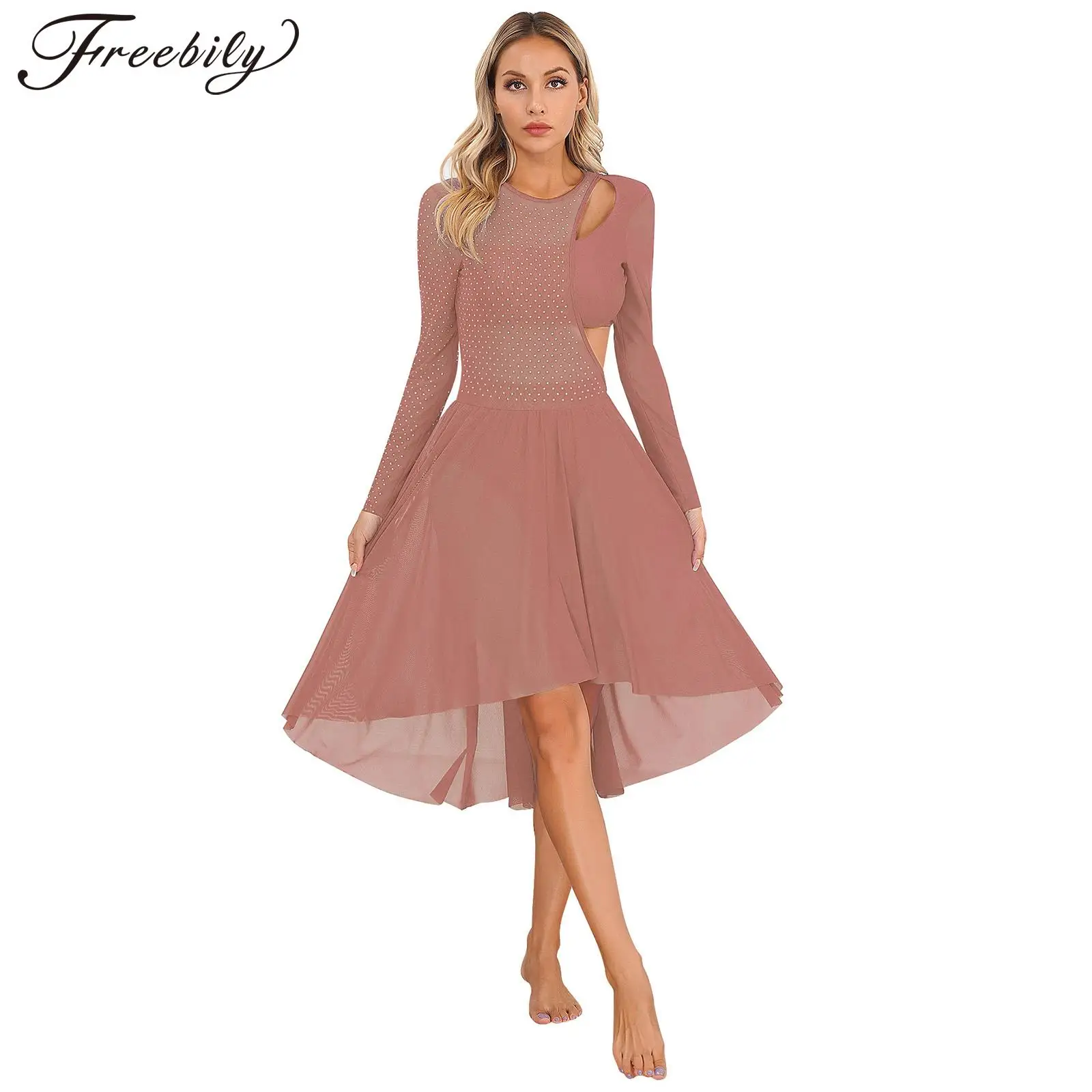 

Womens Modern Lyrical Dance Dress Long Sleeve Shiny Rhinestone Sheer Mesh Cutout Leotard Dresses for Party Stage Performance
