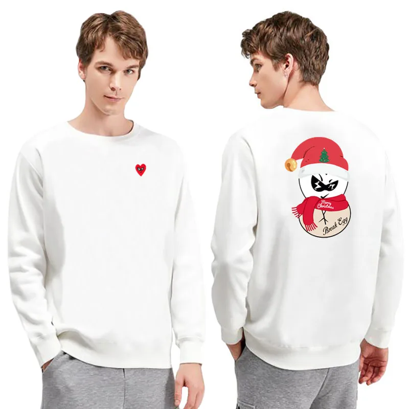 

Break Egg Men Women Sweater Heart Embroidery Back Christmas Cartoon Print Thick Fleece Cotton Autumn Winter O-neck Loose Sweater