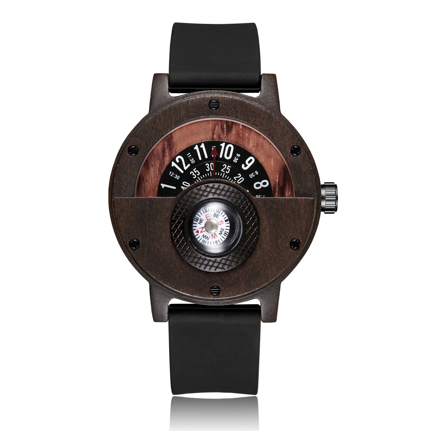Creative Mens Walnut Wood Watch Male Wooden Rubber Real Natural Rosewood Men Wrist Watch Men's Compass Turntable Wristwatch