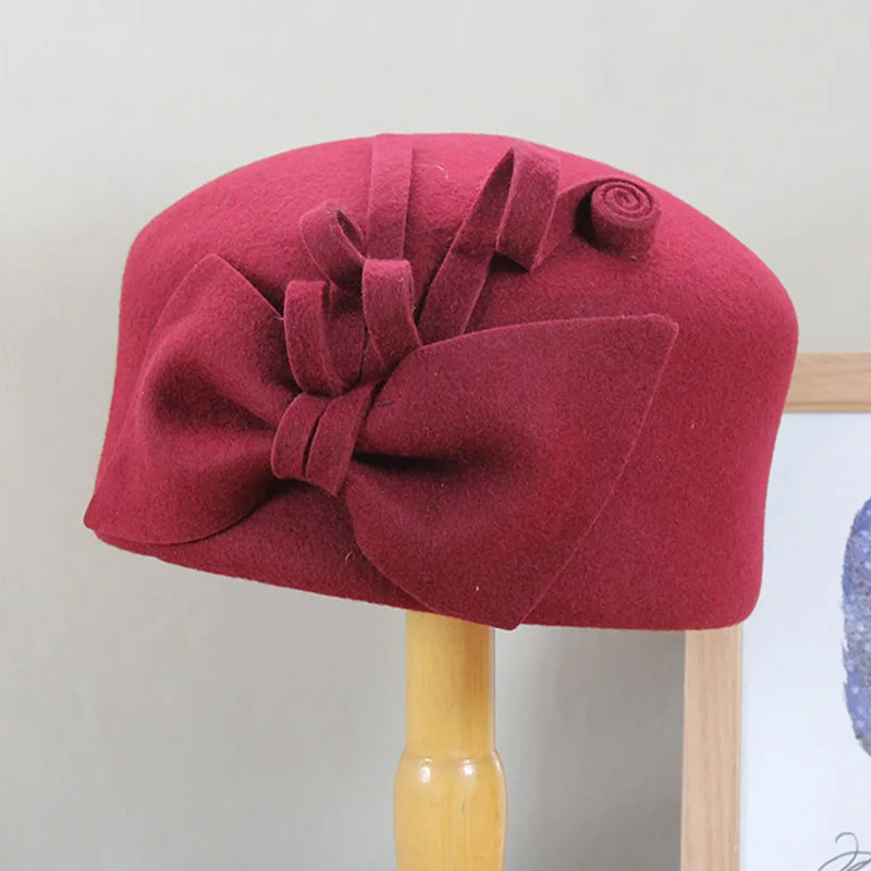 

Women Wool Felt Fedora Hat Vintage Style Beret Hats Ladies Fancy Bowknot Fascinator Hats Wedding Cocktail Party Pillbox Cap Hat