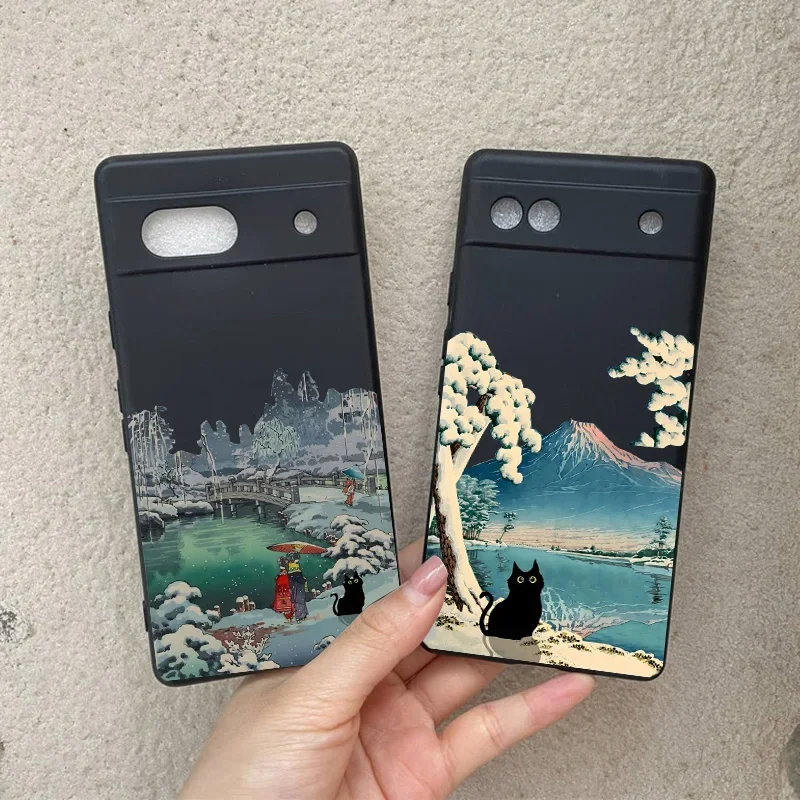 Japanese Aesthetic Black Cat Landscape Soft Silicone Phone Case