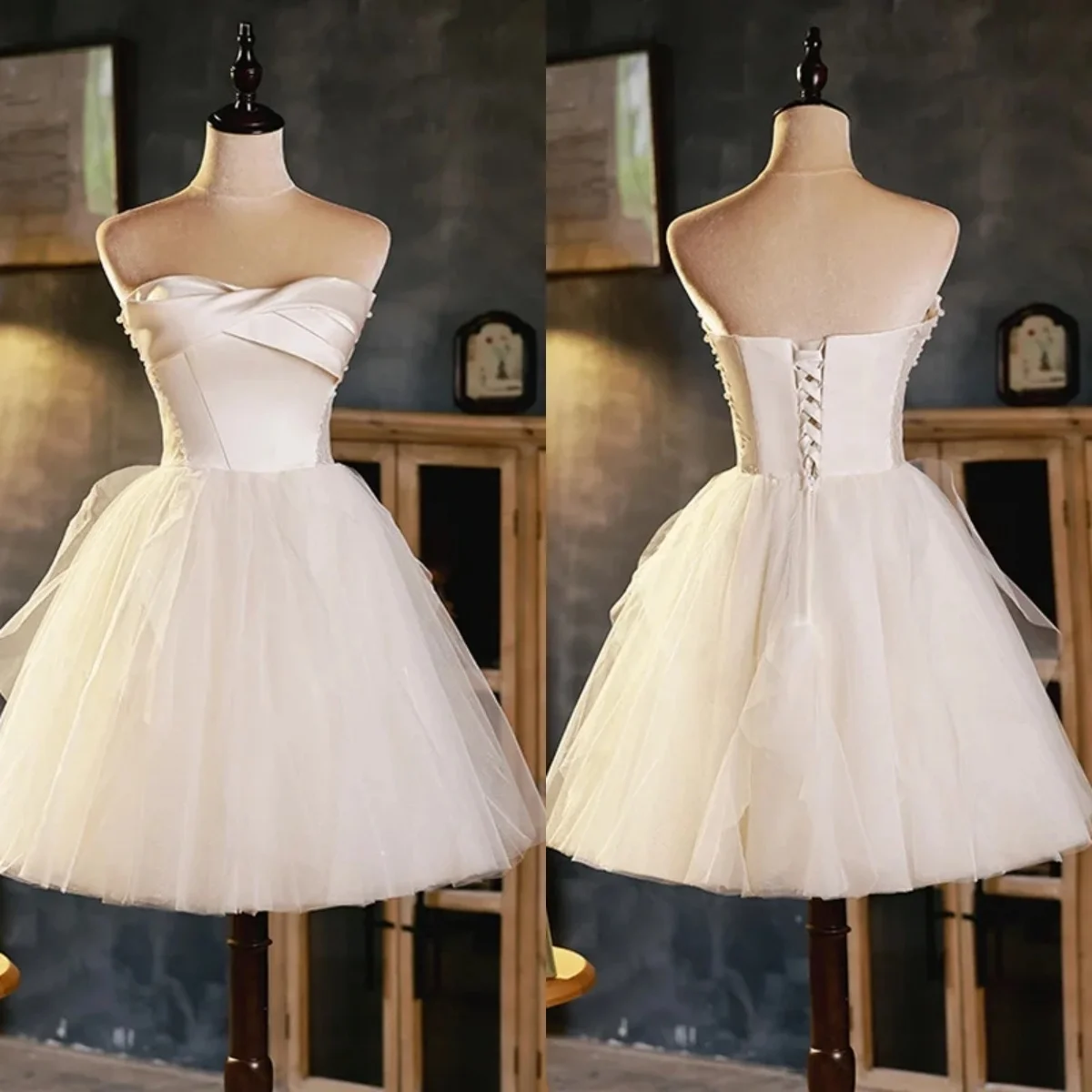 

Prom Gown Beige Satin Tulle Pearl Strapless Pleat Lace up A-line Knee-length Plus size Customization Women Party Formal Dresses