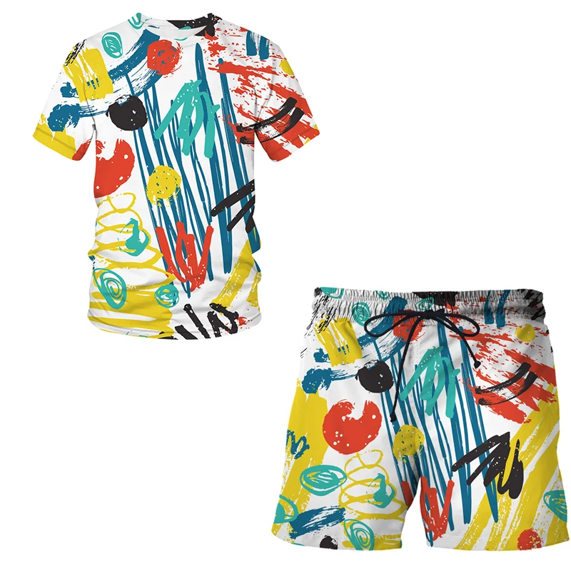 

European and American Graffiti art painting T-shirt male 3D digital printing creative short-sleeved shorts round neck suit t