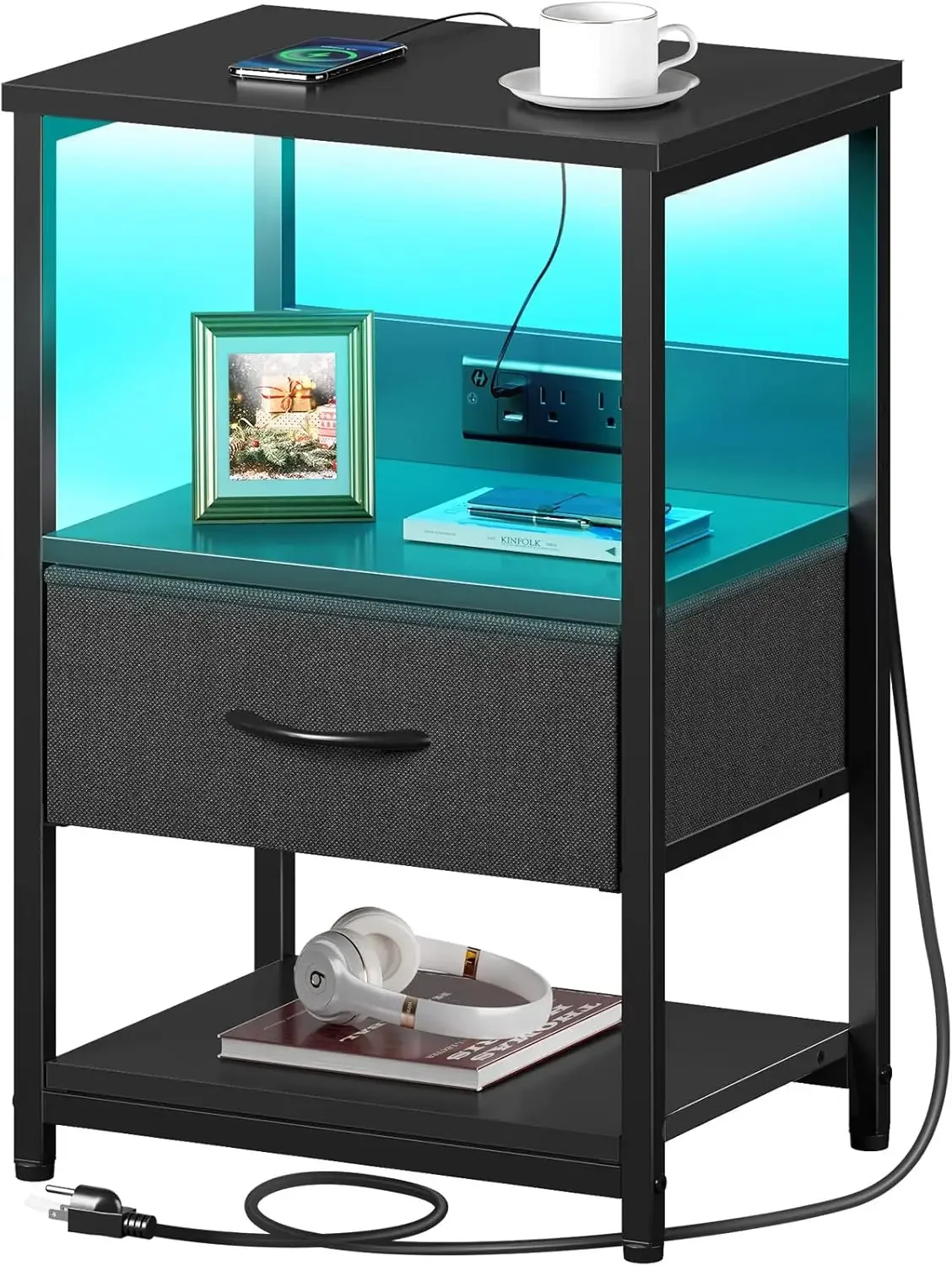 Nightstand Set of 2 LED Bedside Tables Charging Station Fabric Drawer Storage 3 Tier