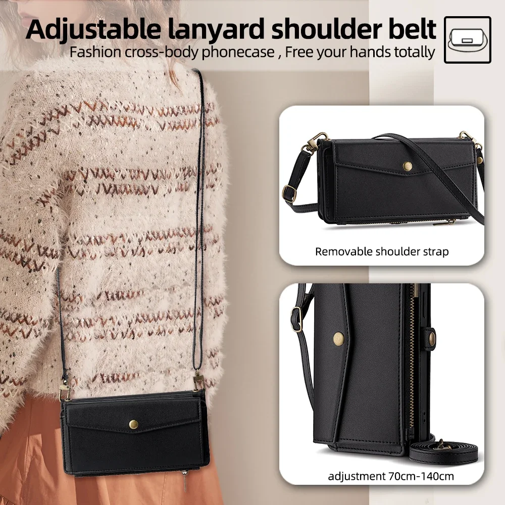 Multi-Functional Leather Wallet Flip Stand Case with Crossbody Strap