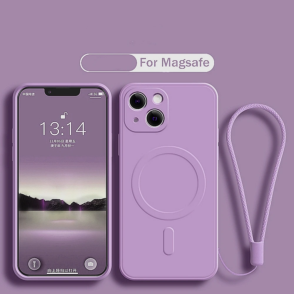 Magsafe Magnetic Wireless Charging Liquid Silicone Phone Cover with Strap