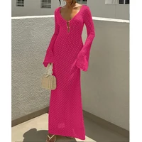New Style Knitting Hollow Out V-Neck Long Sleeve Dress Ladies Beach Holiday Backless Bikini Cover-Ups Sunscreen Long Dress - Image 6
