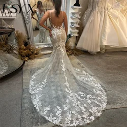 LSYX Deep V-Neck Sleeveless Appliques Shiny Tulle White Mermaid Wedding Dress 2024 Open Back Court Train Bridal Gown Custom Made