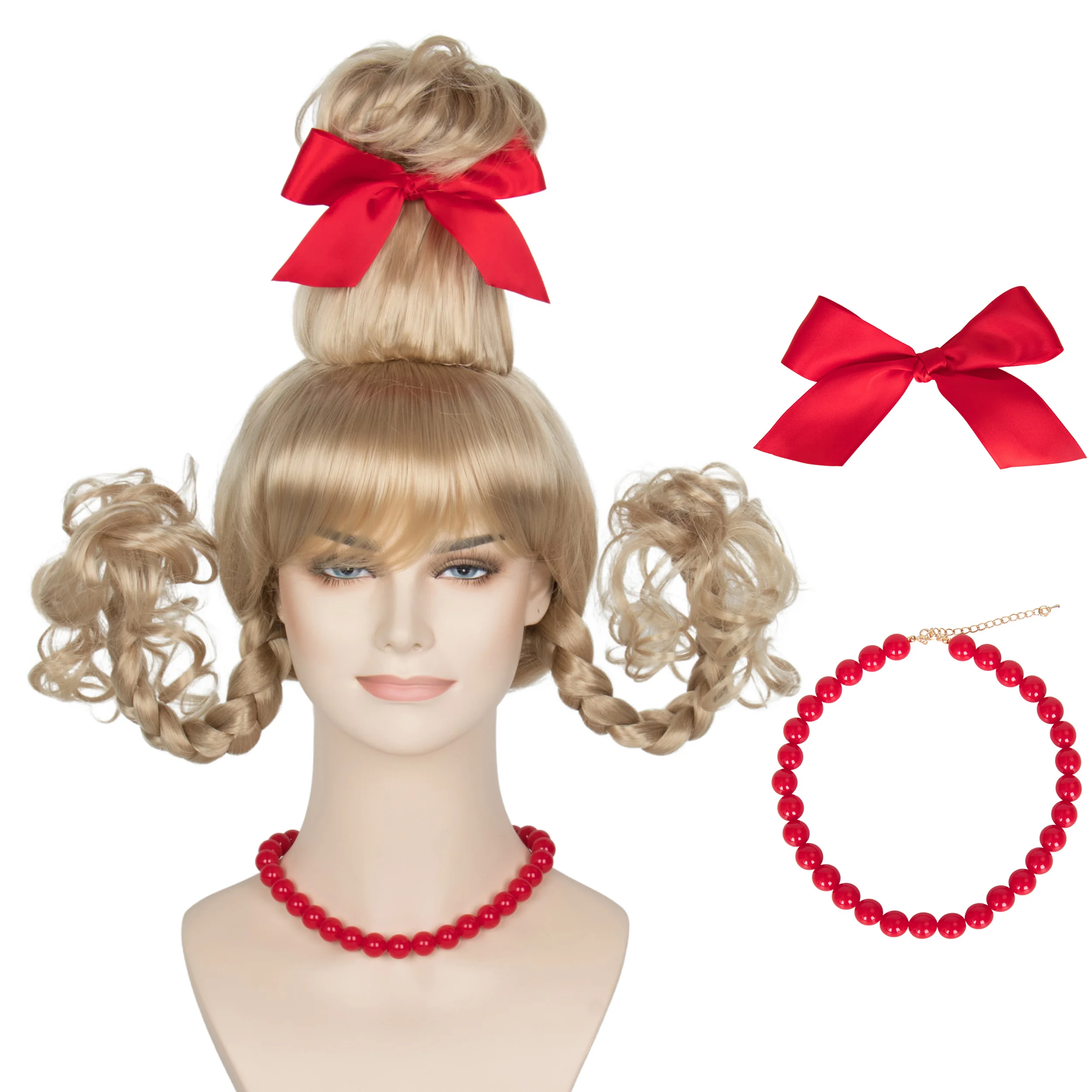 

Miss U Hair Рождественский светлый парик с красным бантом и ожерельем для девушек и женщин длинные косички Рождественский Костюм