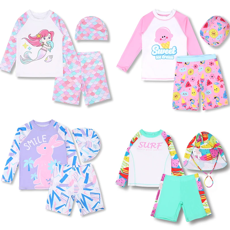 3 Pcs New Girls Swimsuit Sun Protection UPF 50+ Long Sleeves Swimming Trunks Sunsuit With Hat Split Bathing Suits Children girls swimwear