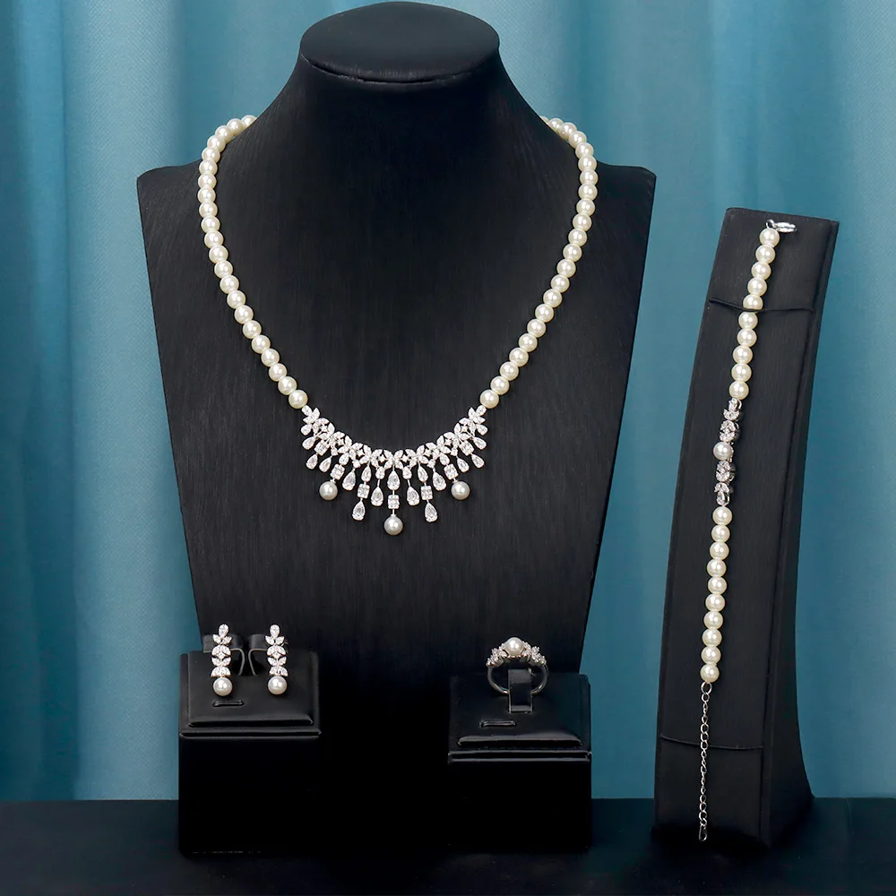 

New Arrival Pearl Necklace Earrings For Women Long Tassel Hollow Cubic Zirconia Bracelets Wedding Bride Jewelry Sets Accessories