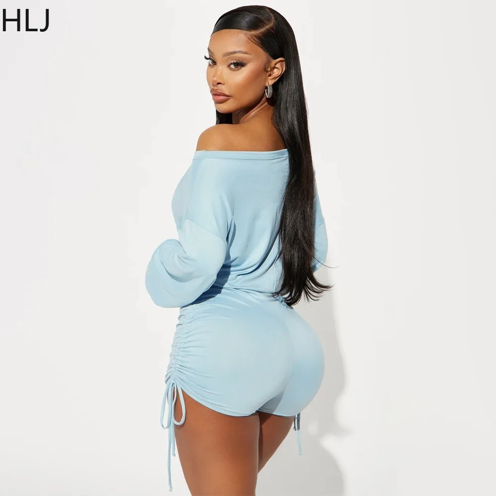 HLJ Summer Solid Color Off Shoulder Slim Rompers Women Long Sleeve Drawstring Shorts One Piece Jumpsuits Casual Sporty Overalls