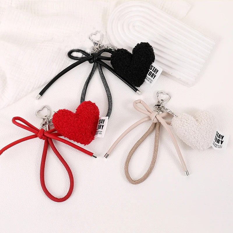 Sweet Love Heart Bag Charm Keychain Keyring Pendant with Wrist Lanyard for Coin Purse Backpack Car Decoration