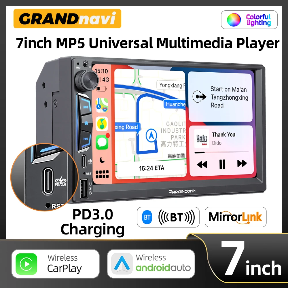 Autoradio 2DIN 7 pouces, lecteur MP5, CarPlay sans fil, Android Auto, Mirrorlink, écran tactile, Bluetooth, FM stéréo, PD3.0, charge rapide