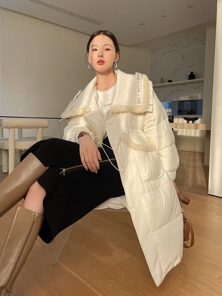 Real Mink Fur Down Jacket for Women Winter 2024 New Chic Navy-collar High Quality Warm Long White Duck Down Coat